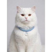 Mavi El Örgüsü Makrome Kedi Tasması 27 Cm - Ay Figürlü Charm Şık Kedi Boyun Tasması