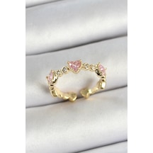 Pirinç Sıralı Kalp Figürlü Zirkon Taşlı Gold Renk Ayarlanabilir Kadın Yüzük 5886 Çok Renkli 90693888