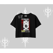 Tarzsokak Oversize Crop Tshirt Anime Devils Girl Japanese Style Baskılı Siyah