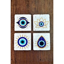 Doğal Taş Bardak Altlığı 4'lü Set 10x10x1 Cm Nazar Boncuğu Desenli Bardak Altlığı 354 Çok Renkli