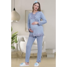 Mecit Pijama Mecit 1501 Bayan Hamile Lohusa Mavi Uzun Kollu Pijama Takımı
