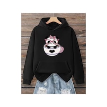 Herkesemoda Sevimli Panda Baskı Detaylı Kapüşonlu Sweatshırt Siyah