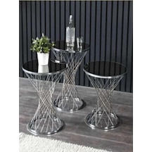 3'lü Kayzer Zigon Sehpa Seti Gümüş Ayak Siyah Cam Gümüş - Siyah