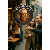 Frappuccino Temalı Yuvarlak Cafe Tabelası, Jüt İpli Ahşap Duvar & Kapı Dekoru, Barista Tarzı Süs