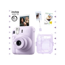 Fujifilm Instax Mini 12 Fotoğraf Makinesi + 20'li Film + Kıskaçlı Resim Standı + Simli Pleksi Kılıf Seti Lila