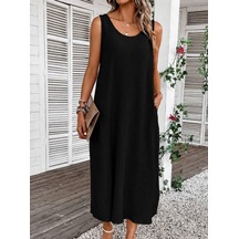 Efnaz Style Kadın Askılı Yuvarlak Yakalı Cepli Uzun Bürümcük Elbise Siyah