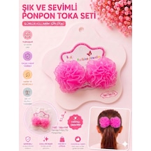 2'li Set Şık Ve Sevimli Simli Tül Ponpon Lastik Saç Tokası - 3 Farklı Seçenek Pembe