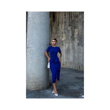 Lior Design Kadın Özgün Tasarım Krep Kumaş Bisiklet Yaka Yırtmaçlı Abiye Elbise Saks