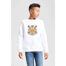 Tshirthane Polygonal Head Tiger Kaplan Baskılı Unisex Çocuk Beyaz Sweatshirt