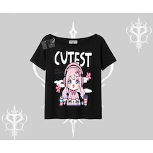 Tarzsokak Kayık Yaka Tshirt Cute Anime Gamer Girl Baskılı Siyah