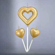 3lü Gold Kalp Pasta Mumu Çubuklu Doğum Günü Ve Sevgililer Günü Metalik Pasta Süsü Mum Seti