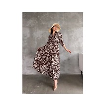 Asur Boutique Asur Butik Kadın Kruvaze Yaka Lastikli Bel Desenli Elbise Kahverengi