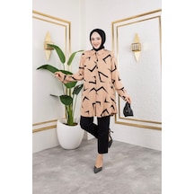 Hira Life Fashion Kadın Tesettür Giyim Ve Spor Giyime Uygun Düğme Detaylı Şık Desenli Dokuma Viskon Gömlek-tunik Vizon VİZON
