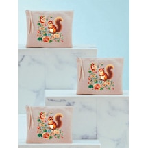 Çiçek Ve Sincap Baskılı 3'lü Makyaj Çantası 20x25 Cm - Kadın Doğum Günü Hediyesi Kadın Hediye Ürün