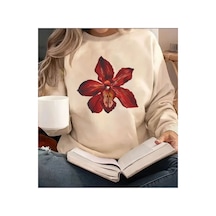 Herkesemoda Kırmızı Orkide Baskı Detaylı Bisiklet Yaka Sweatshirt Bej