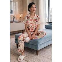 Ekru Ayıcık Desenli Kısa Kollu Gömlek Yaka Milan Kumaş Kadın Pijama Takımı