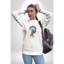 Toprak Köksalmış Ağaç Kadın Unisex Beyaz Baskılı Sweatshirt Beyaz