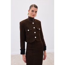 Sateen Kontrast Kısa Tüvit Ceket - Kahve-136336 Kahve