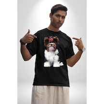 Biewer Yorshire Terrier Pamuklu Bisiklet Yaka Unisex Oversize Boyfriend Dijital Baskılı Siyah T-shirt Siyah