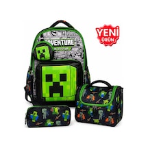 4 Lü Set, Erkek Çocuk Desenli İlkokul Okul Çantası + Beslenme Çantası + Kalemlik + Silgilik Yeşil