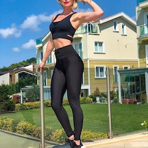 Lismina Siyah Beli Bağcıklı Toparlayıcı Spor Tayt Siyah