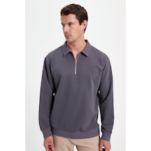 Tudors Erkek Relax Fit Rahat Kesim Pamuklu 3 İplik Fermuarlı Polo Yaka Koyu Gri Sweatshirt-41817 Koyu Gri