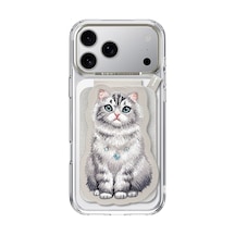 Manyetik Standlı İphone 18 Pro Max Uyumlu 3d Nakışlı Kedili Değiştirilebilir Kartlıklı Kılıf Gri