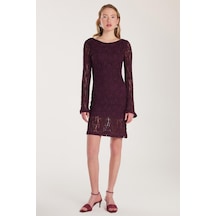 Tudors Kadın Slim Fit Dar Kesim Uzun Kollu Sırt Dekolteli Örgü Detaylı Mürdüm Elbise-34205 Mürdüm