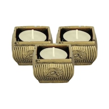 Mumluk Şamdan 3 Adet Tealight Uyumlu Üçlü Mini Çizgili Çiçekli Model - Altın Eskitme