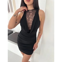 Efnaz Style Dantel Detaylı Derin Dekolte Drapeli Mini Elbise Şık Kolsuz - Siyah