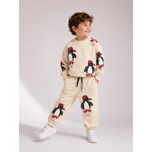 Eray Alp Kids Unisex Çocuk Ekru Penguen Desenli Eşofman Takımı Günlük Rahat Kombin Bej