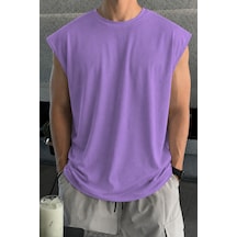 Cool Tarz Erkek Oversize Kolsuz Tişört %100 Pamuk Süprem Basic Bisiklet Yaka Mor Mor