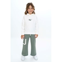 Toontoy Kids Toontoy Kız Çocuk 2'li Takım Baskılı Kapüşonlu Sweatshirt & Beli Lastikli Bol Paça Cepli Eşofman Altı - Renk Bloklu & 2 İplik Ekru