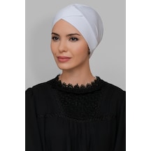 Beyaz Pratik Hazır Geçmeli Tesettür Bone Sandy Kumaş Çapraz Büzgü (545490416) Beyaz