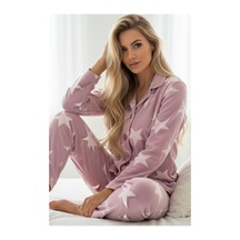 Siyah İnci Yıldız Desenli Düğmeli Polar Kışlık Örme Pijama Takım Pembe