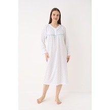 Yasar Underwear Kadın %100 Pamuk Uzun Kollu Gecelik Hakim Yaka, Yarım Pat Düğmeli, Desenli, Rahat Kalıp Mint Mint