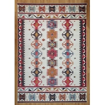 Krem Ve Çok Renkli Geometrik Desenli Halı - 12479ou Krem - Bordo