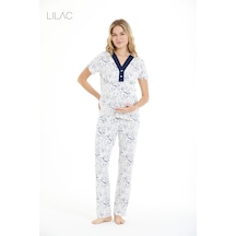 Lılac Kadın %95 Viskon Çiçek Desenli Hamile & Lohusa Düğmeli Pijama Takımı Beyaz - Lacivert
