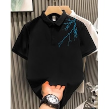 Erkek Polo Yaka Tişört Düğmeli Yıldırım Baskılı Pike T-shirt - Siyah