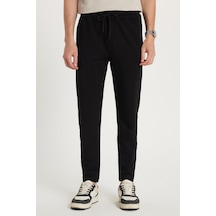Tudors Unisex Standart Fit Pamuklu 2 İplik Fermuar Cepli Lastikli Bağlamalı Düz Paça Siyah Eşofman Altı-34068 Siyah