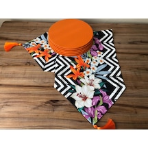 Zigzag Desen Üzerine Lilyum Çiçek Desenli Runner & Turuncu Supla Çok Renkli