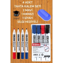 4 Adet Tahta Kalem Seti 2 Mavi 1 Kırmızı 1 Siyah Tahta Silgisi Çok Renkli
