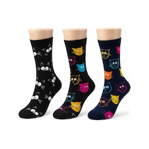 Womanandkids Wak Unisex Kedi Desenli Çorap 3'lü Set Pamuklu Renkli Uzun Soket Dikişsiz Nefes Alan Rahat Günlük Ço Çok  Renkli
