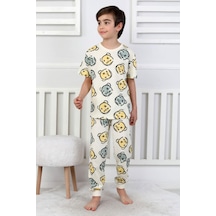 Erkek Çocuk %100 Pamuk Baskılı Pijama Takımı Kısa Kollu, Sevimli Desenler Bej