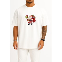 Bahriyeli Collection Oversize Noel Baba Yılbaşı Göğüs Baskılı Unisex T-shirt Beyaz