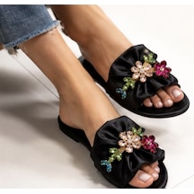 N Napa Shoe Np.8777.siyah Abiye Taşlı Kadın Taş İşlemeli Saten Fiyonklu Terlik Siyah Günlük & Özel Davet Şıklığı