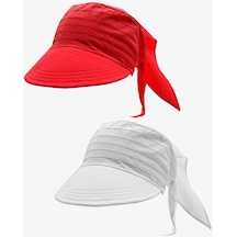 Külah Kadın Bağlamalı Siperli Eşarp Bandana Plaj Şapkası 2li Paket Kırmızı/beyaz - Kırmızı