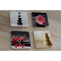 Spa Taşları Ve Kırmızı Gerbera Çiçeği Doğal Taş Bardak Altlığı 4'lü Set - Natural Stone Coasters - Taş Çok Renkli