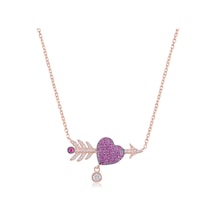 Zirkon Taşlı Pırlanta Montür Kırmızı Taşlı Oklu Kalp Gümüş Kolye Gold - Rose Gold - Gümüş