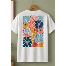 Spoyi Colorful Daisy Tasarımlı %100 Pamuk Yarım Oversize Beyaz T-shirt